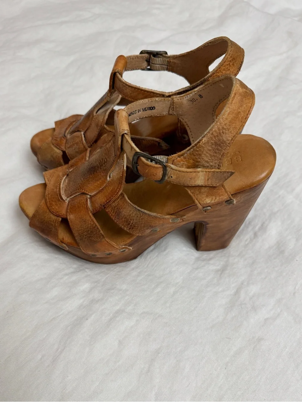 Bed|Stu Leather Wooden Platform Clog Heels Sandals Size 10 Y2K Boho Festival
